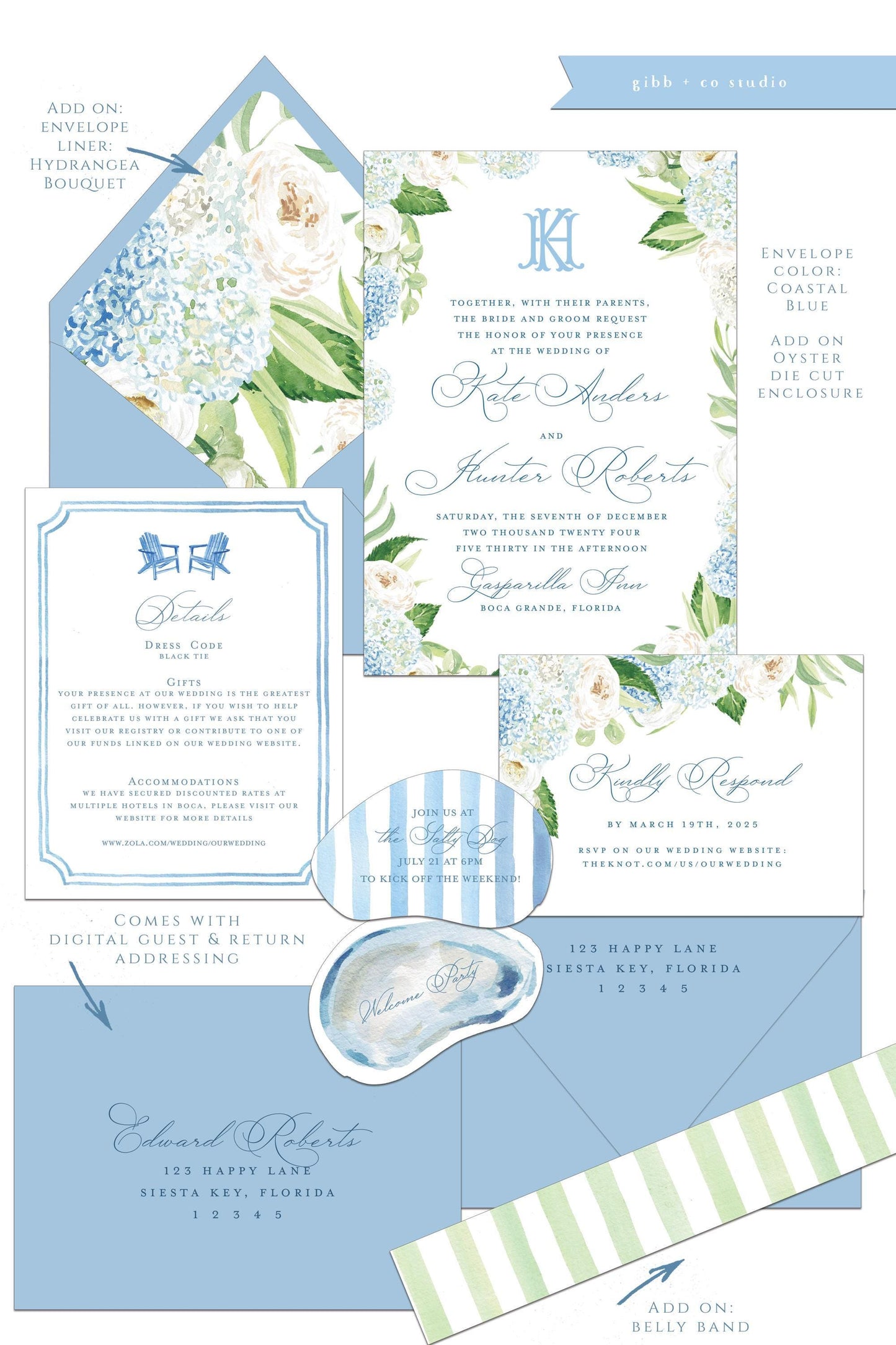 Elise Coastal wedding invitation, blue hydrangea, beach wedding, coastal wedding, watercolor, Semi Custom set, Nantucket style, deposit