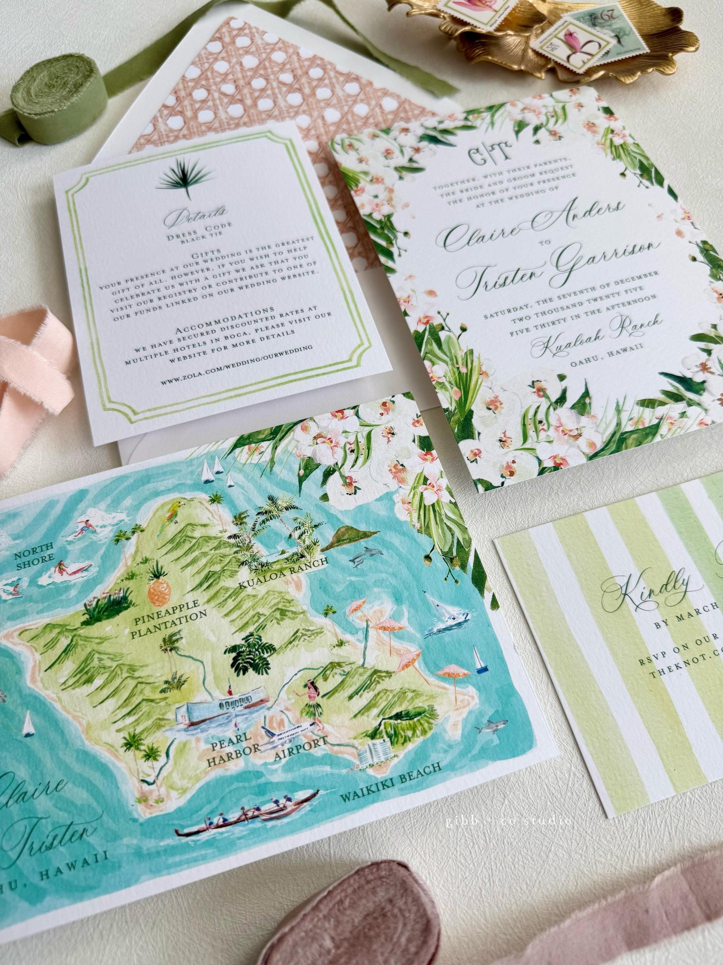 Tropical wedding invitations, beach wedding, Coastal wedding, White Orchid Tori Semi Custom wedding invites, rsvp, detail, deposit
