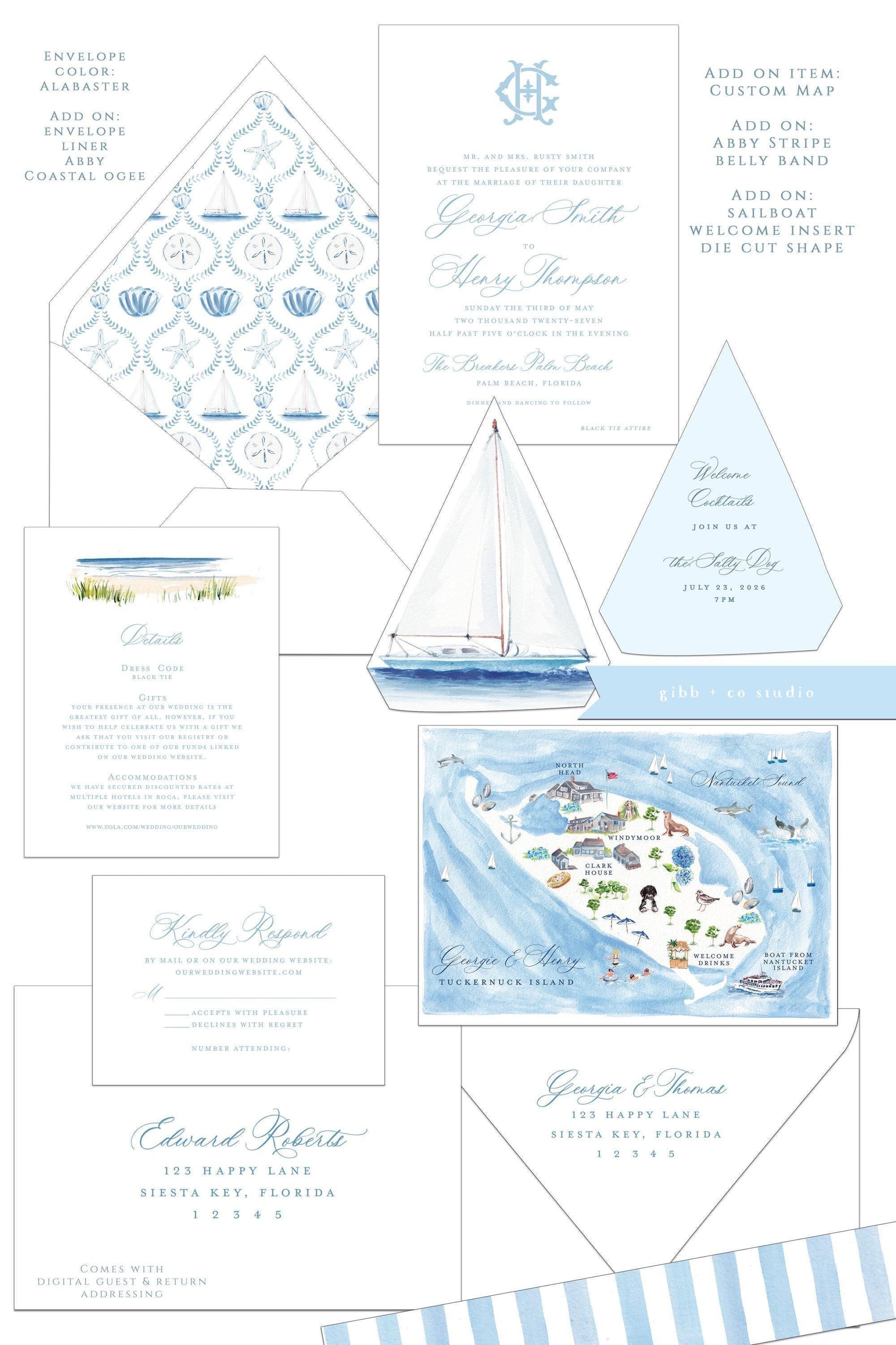 Coastal semi custom wedding set with custom add on elements
