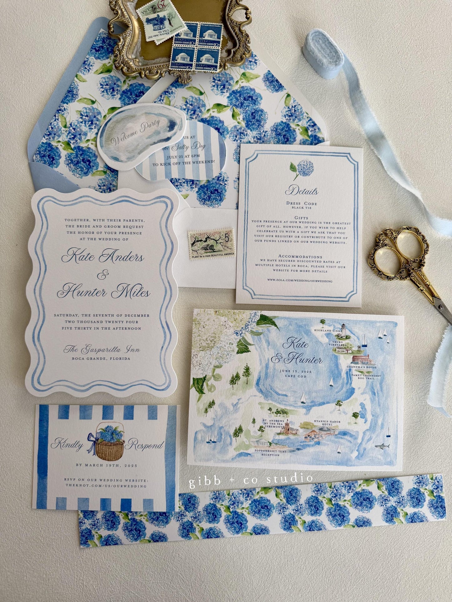 Anna Coastal wedding invitation, blue hydrangea, beach wedding, coastal wedding, watercolor wedding, Semi Custom, Nantucket, deposit only