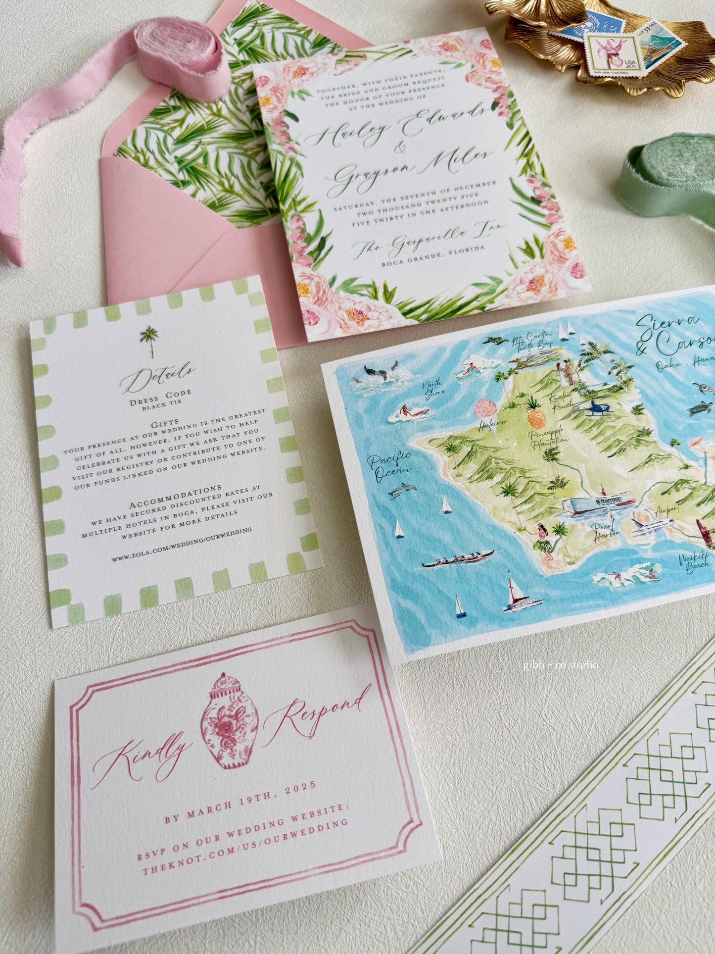Tropical wedding invitations, beach wedding, Coastal wedding, Katie Semi Custom wedding invites, rsvp, detail, peony, watercolor pink floral