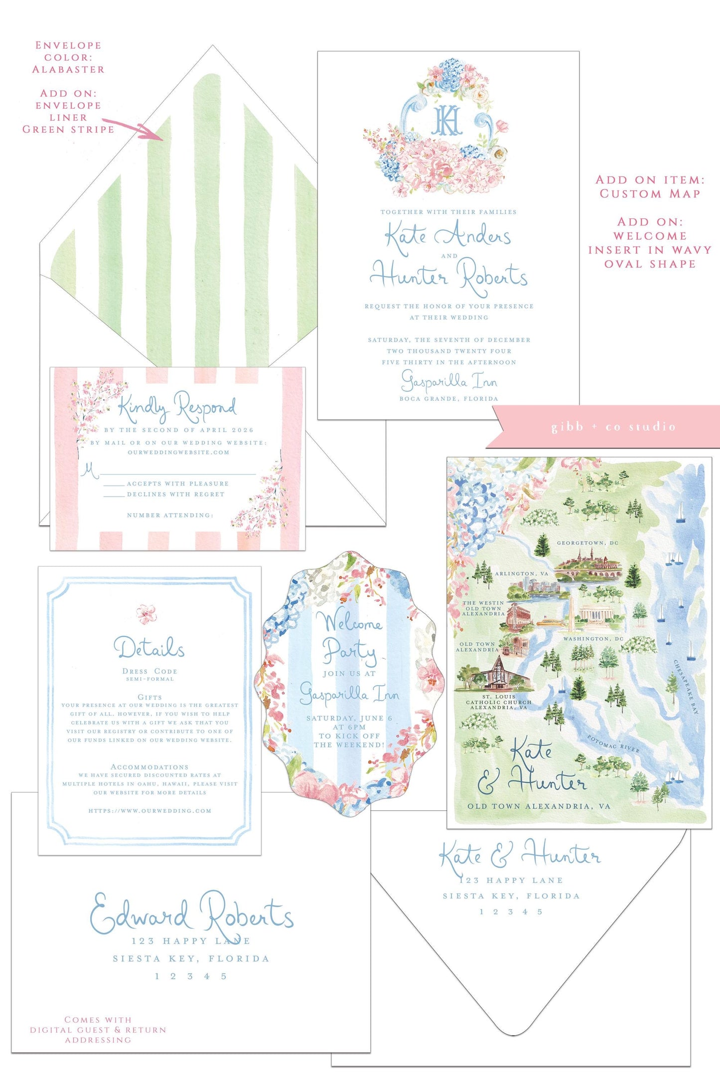 Bella Cherry Blossom wedding invitation, pink and blue, hydrangeas, semi custom, floral wedding, destination wedding, watercolor invites, deposit only