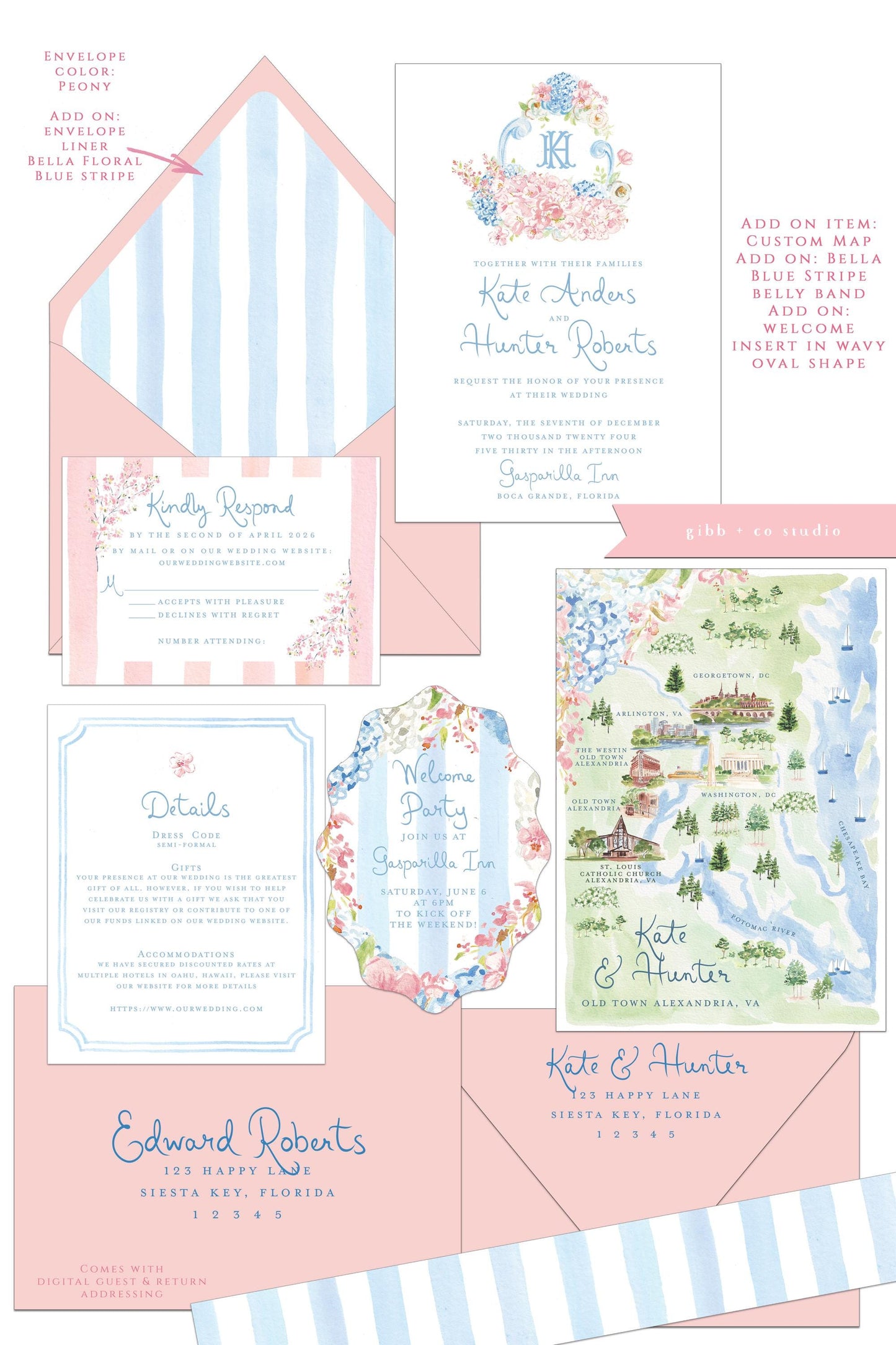 Bella Cherry Blossom wedding invitation, pink and blue, hydrangeas, semi custom, floral wedding, destination wedding, watercolor invites, deposit only