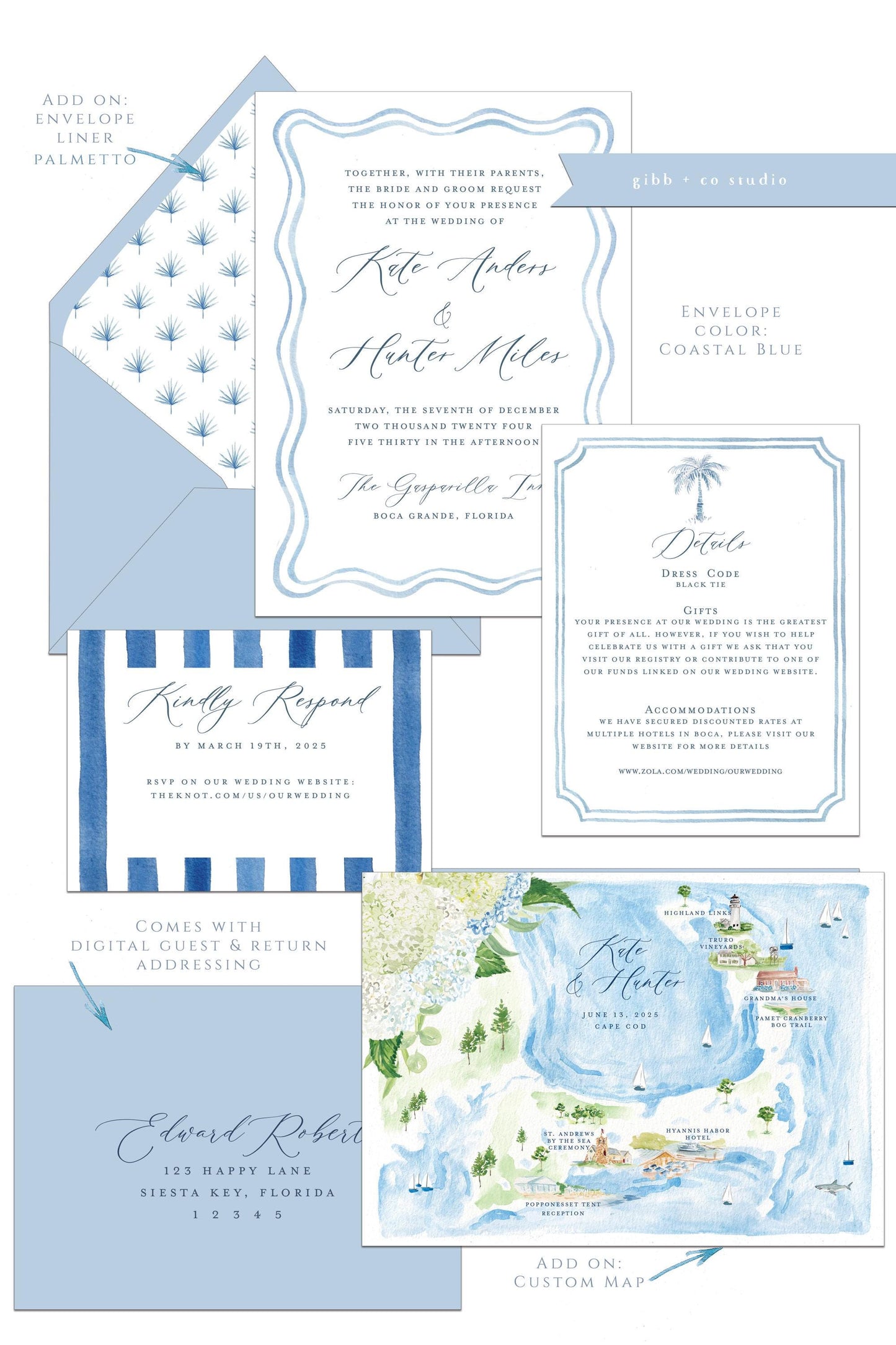 Grayson Coastal wedding invitation, beach wedding, nautical wedding, watercolor wedding, Semi Custom, rsvp, wedding details, deposit