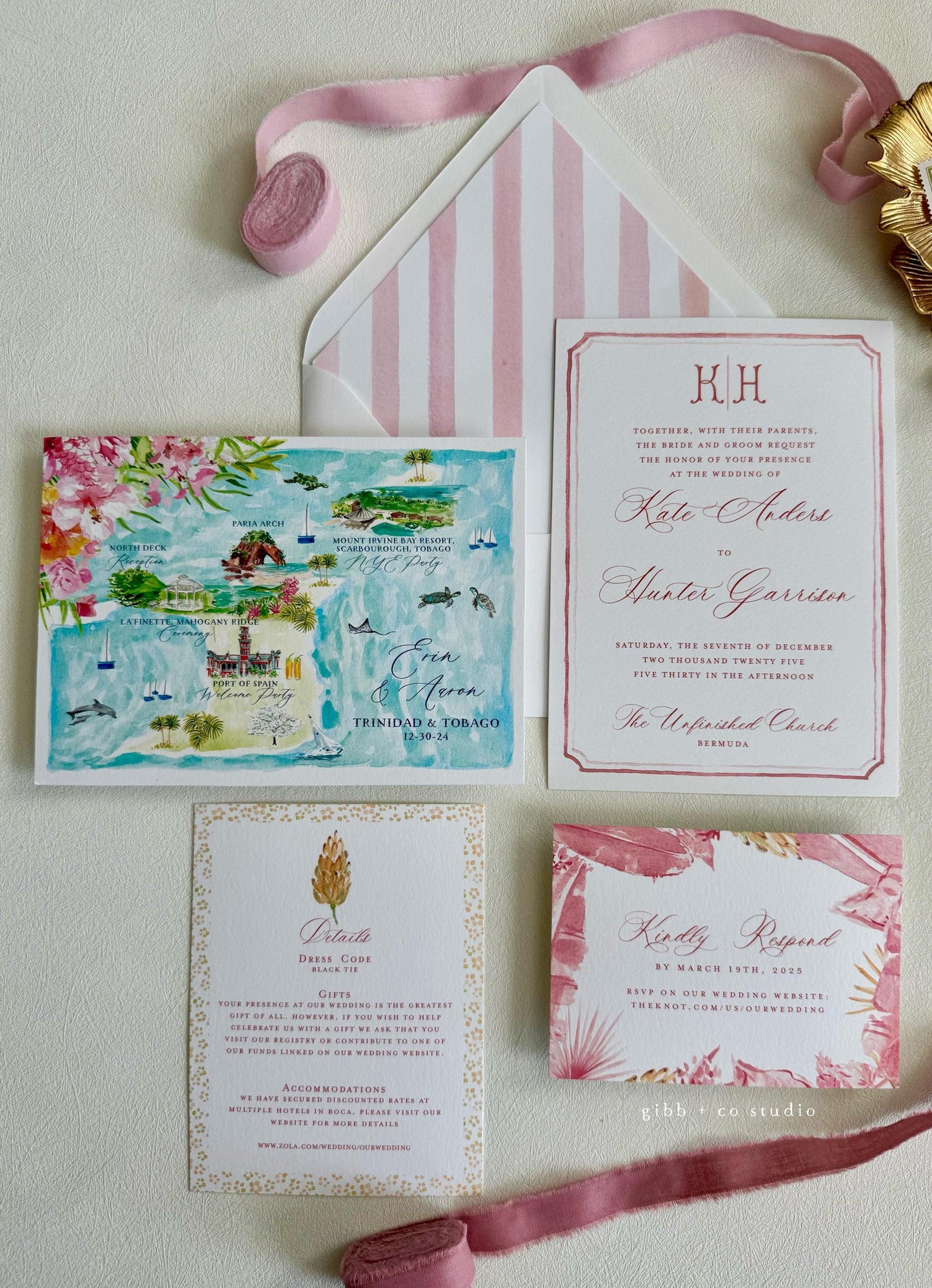 Tropical wedding invitations, beach wedding, Coastal, Ainsley Semi Custom wedding invites, rsvp, detail, watercolor palms, pink, deposit