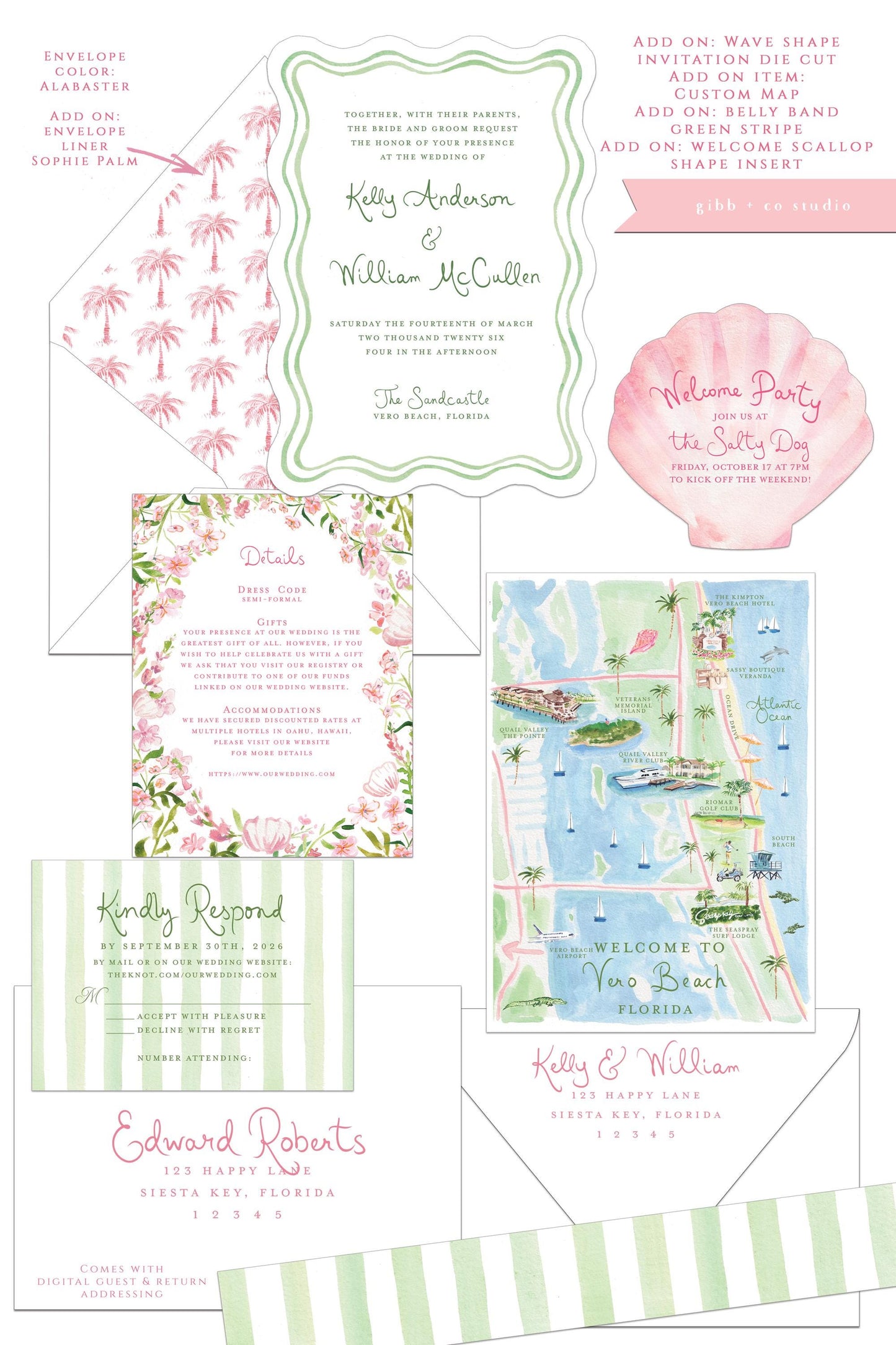 Sophie Beach wedding invitation, pink and green, tropical flowers, beach wedding, semi custom, destination wedding, watercolor invites, deposit only