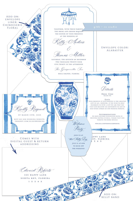Maria Chinoiserie wedding invitation, blue floral, blue wedding, coastal watercolor wedding, Semi Custom wedding set, Blue Chinoiserie
