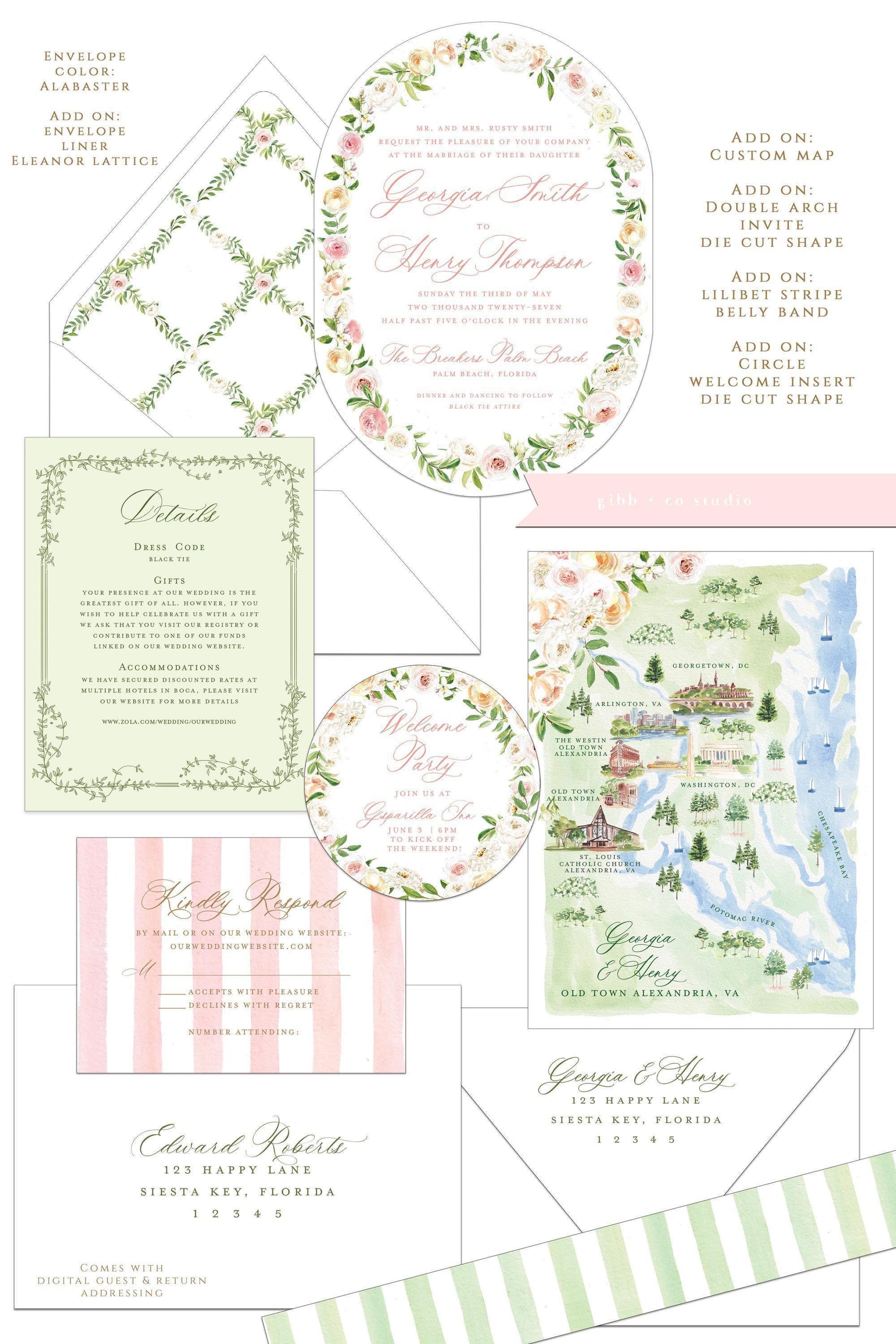 Eleanor semi custom collection wedding set with add on options such as custom map, belly band, welcome insert, liner and die cut shaped invitation shown with white envelope.