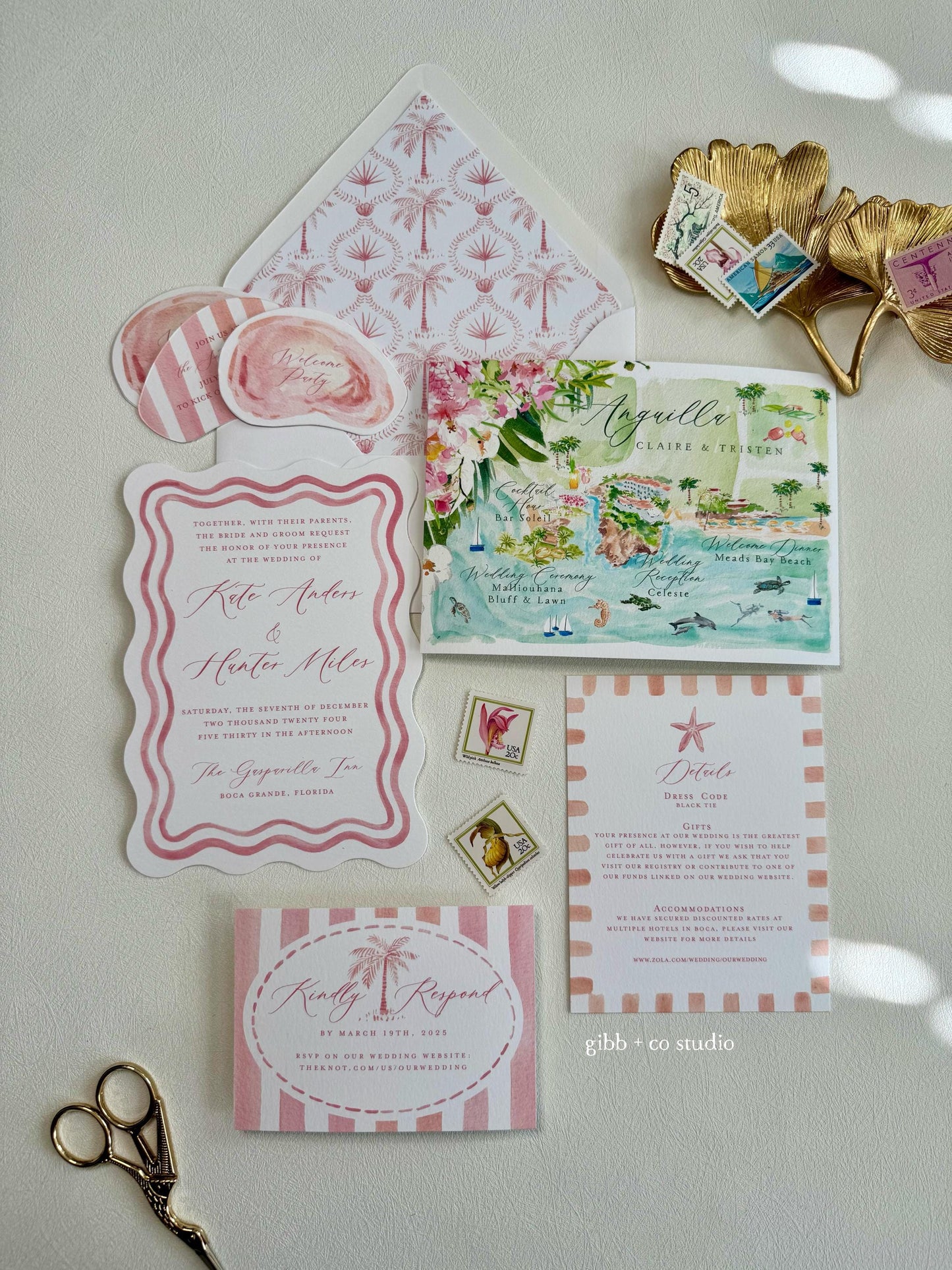 Pink Watercolor Coastal Wedding Invitations, Beach Wedding Set deposit, semi custom
