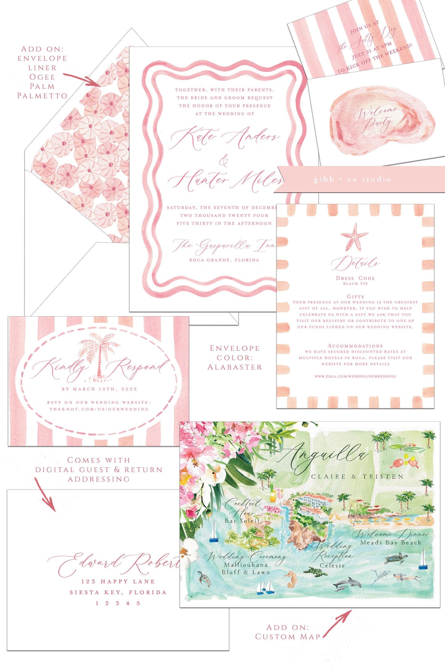 Pink Watercolor Coastal Wedding Invitations, Beach Wedding Set deposit, semi custom