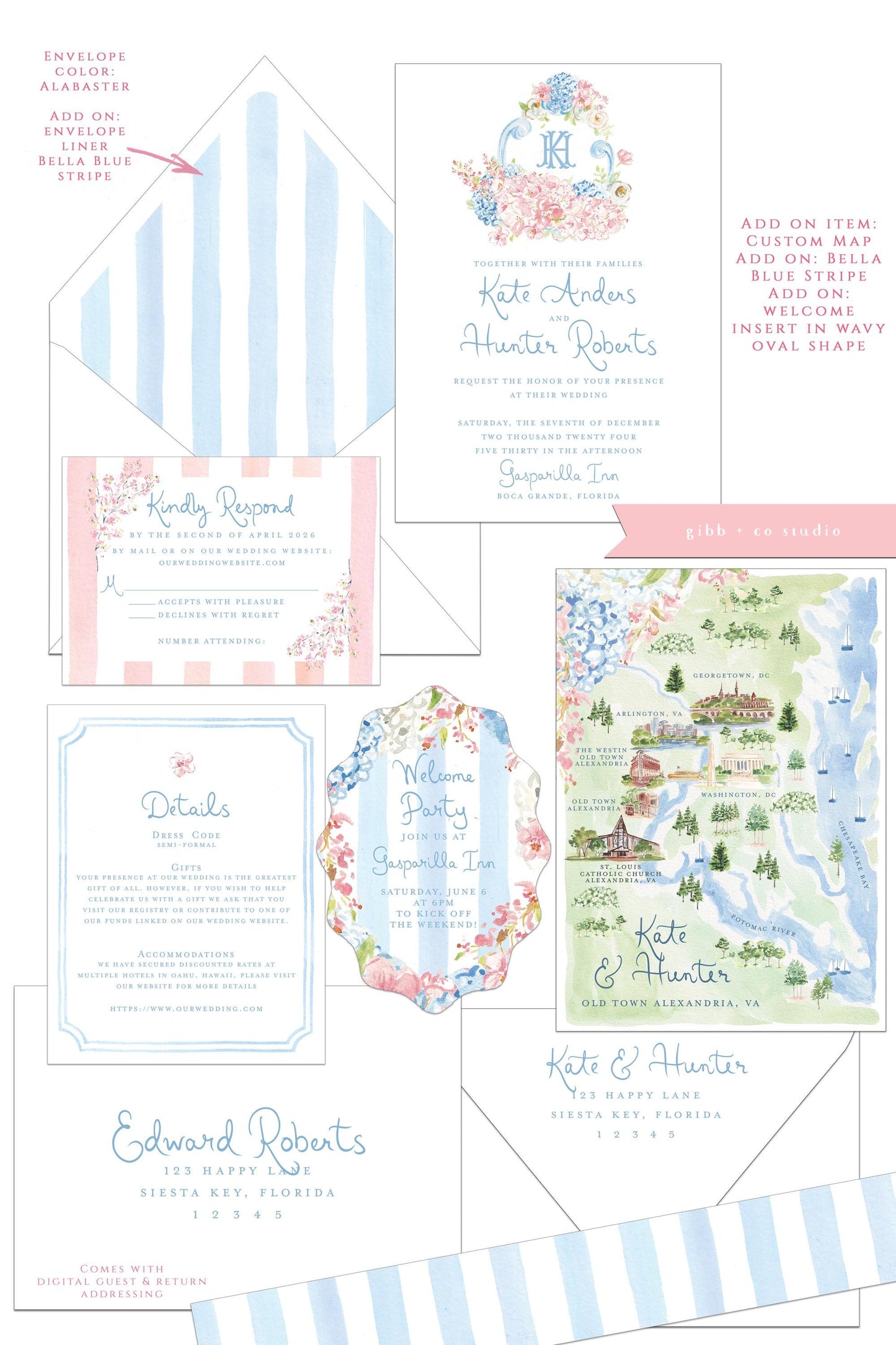 Bella Cherry Blossom wedding invitation, pink and blue, hydrangeas, semi custom, floral wedding, destination wedding, watercolor invites, deposit only
