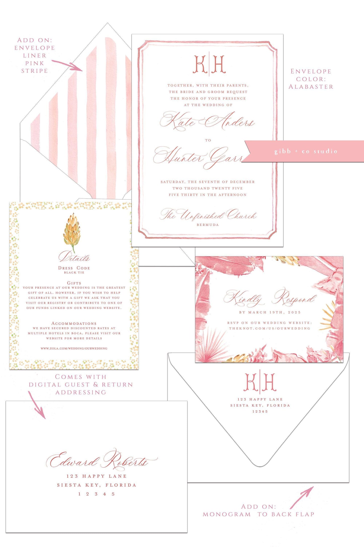 Tropical wedding invitations, beach wedding, Coastal, Ainsley Semi Custom wedding invites, rsvp, detail, watercolor palms, pink, deposit