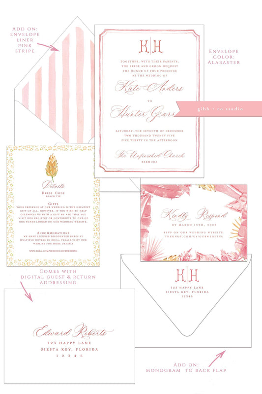 Tropical wedding invitations, beach wedding, Coastal, Ainsley Semi Custom wedding invites, rsvp, detail, watercolor palms, pink, deposit