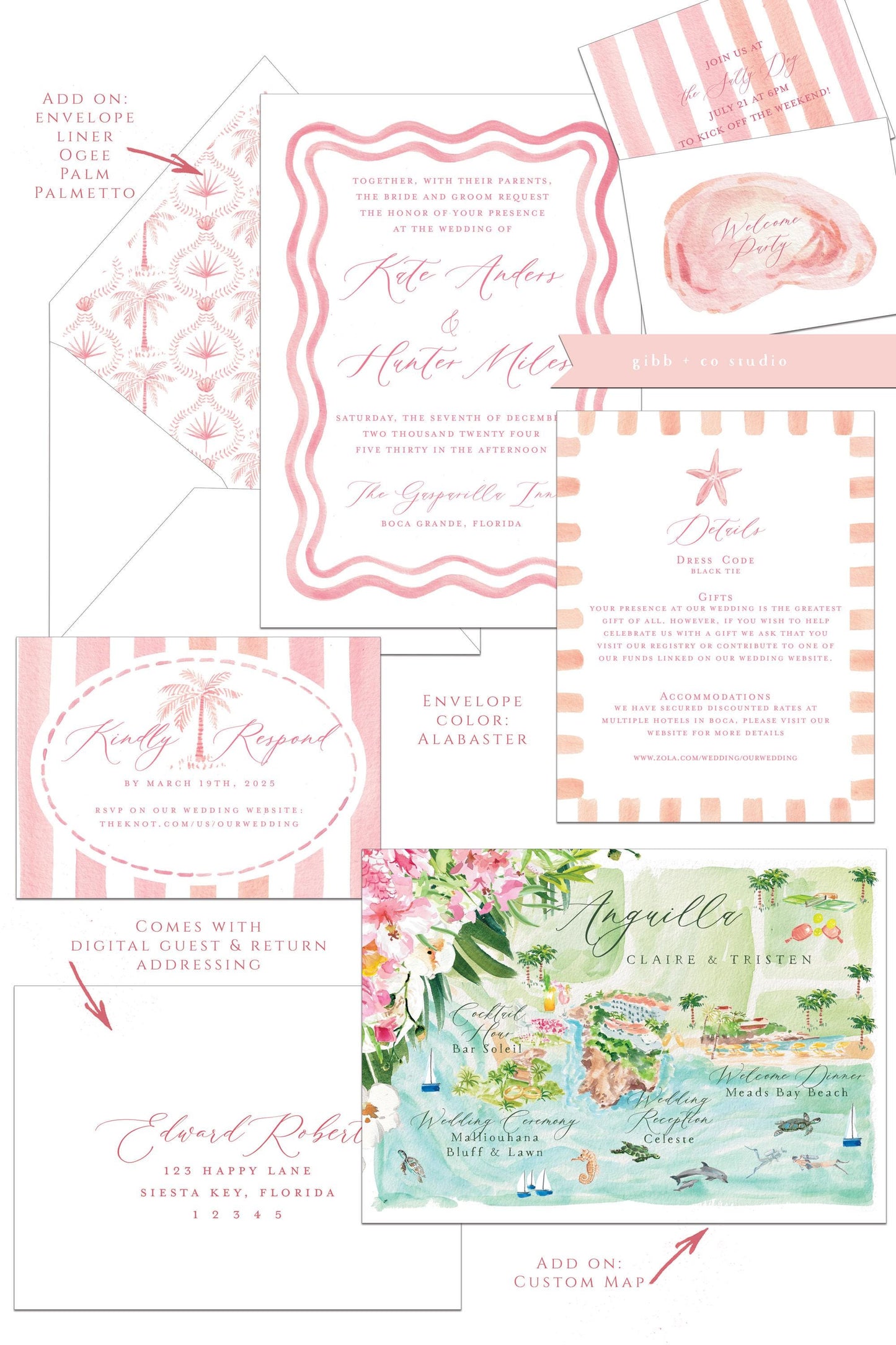 Pink Watercolor Coastal Wedding Invitations, Beach Wedding Set deposit, semi custom