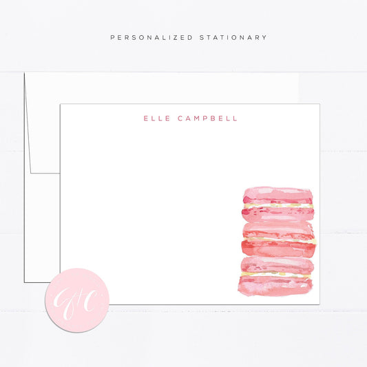Personalized stationery, macarons, girly, watercolor, printed art, gift for, feminine, illustration, pink, French, dessert, sweets