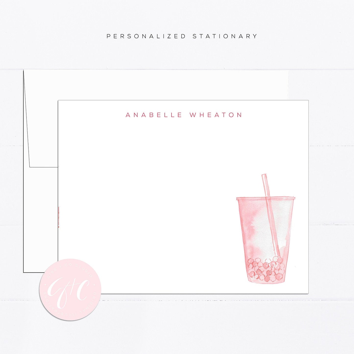 Personalized stationery, boba tea, girly, watercolor, printed art, gift for, feminine, illustration, pink, fun drinks, bubble tea