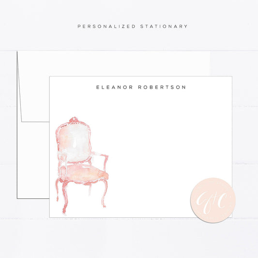 Antique chair, personalized stationery, watercolor, printed art, gift for, feminine, vintage, pink, illustration, interior design, girly