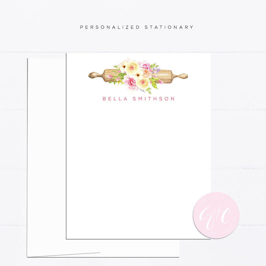 Baker, personalized stationery, watercolor, printed art, gift for, feminine, vintage, pink, illustration, rolling pin, floral, girly