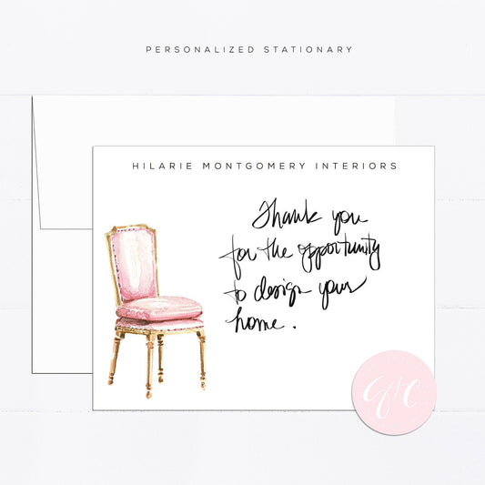 Antique chair personalized notecards, watercolor stationery, gift for, feminine, vintage chair, pink, illustration, interior design gift