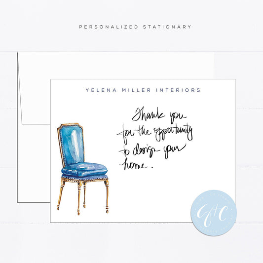 Interior design personalized notecards, antique chair, watercolor stationery gift, vintage, blue, illustration, interior design gift