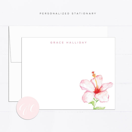 Personalized stationery, hibiscus, girly, watercolor, printed art, gift for, feminine, illustration, pink, tropical, flower, botanical