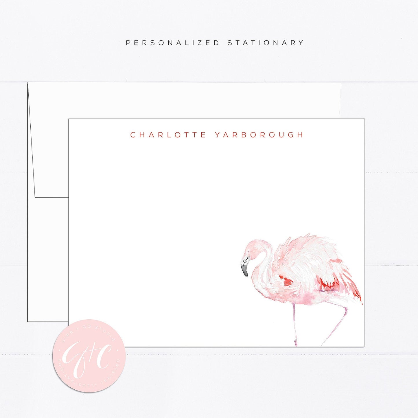 Personalized stationery, flamingo, girly, watercolor, printed art, gift for, feminine, illustration, pink, tropical, minimal, modern