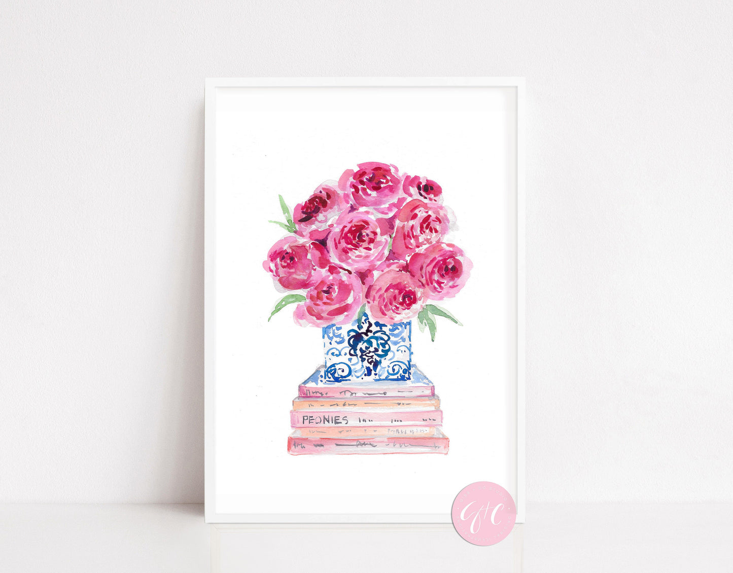 Pink Peonies with stacked books, book art print, floral art print