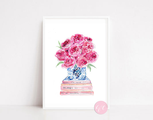 Pink Peonies with stacked books, book art print, floral art print