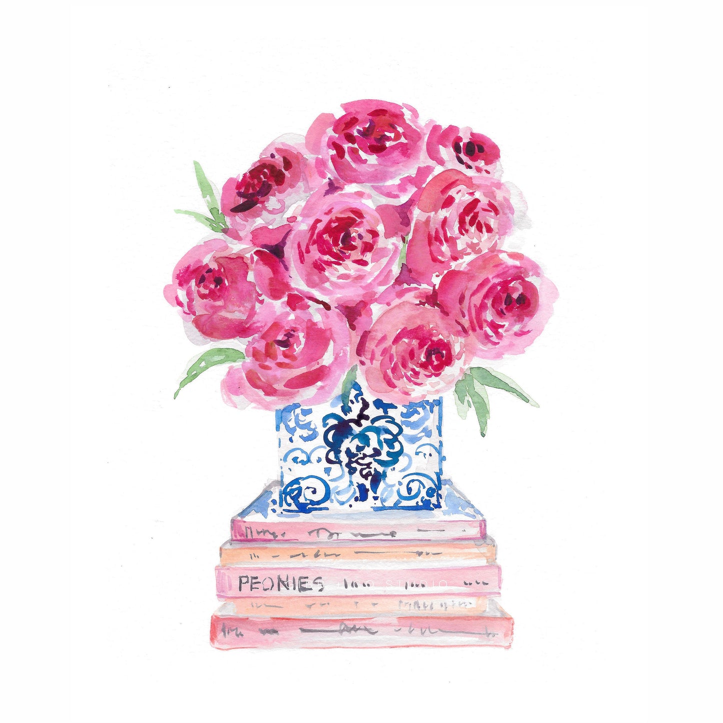 Pink Peonies with stacked books, book art print, floral art print