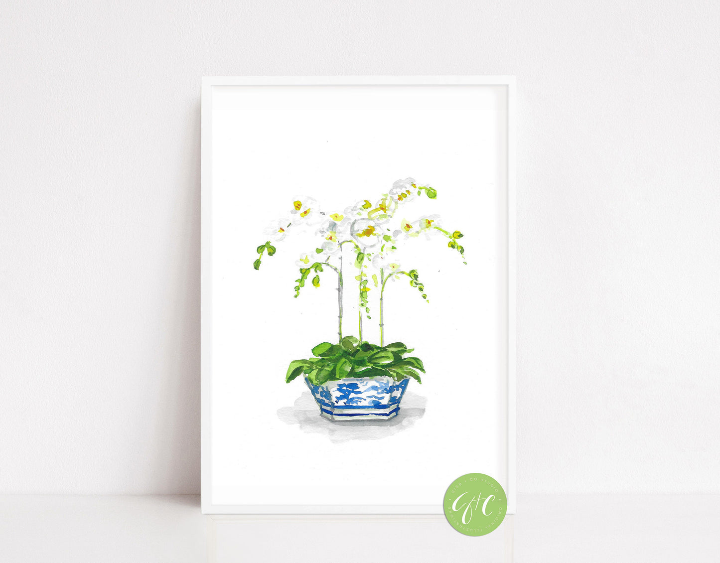 White orchid in blue container, floral art print, chinoiserie art print