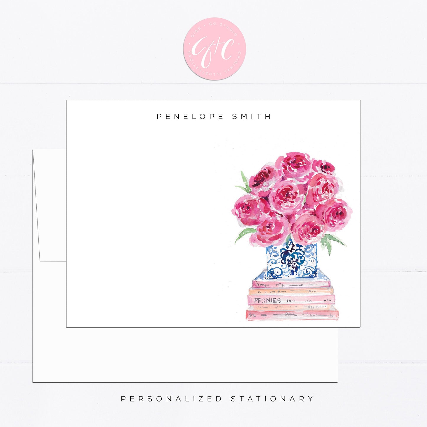 Personalized stationery, peonies, peony, pink, girly, watercolor, printed art, gift for, feminine, illustration, tropical, flat card, books