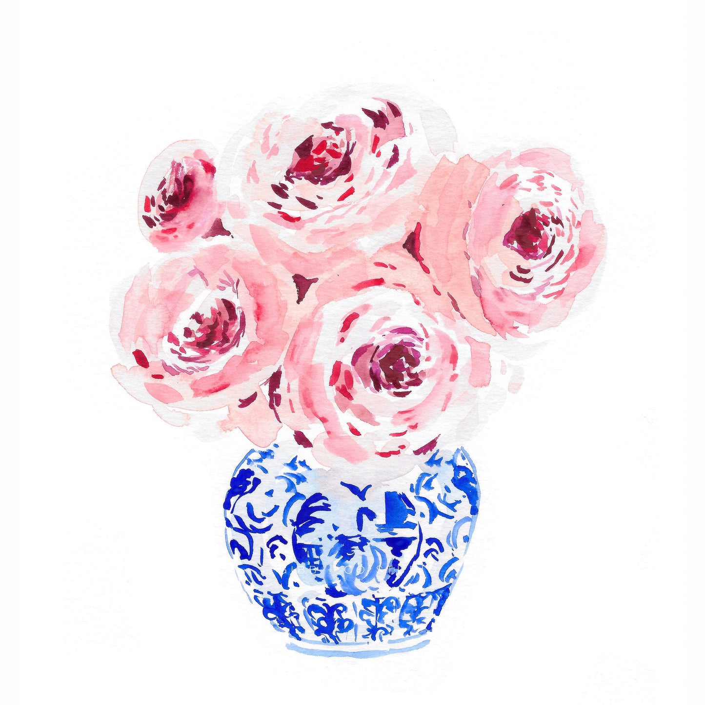 Pink Peonies in Blue Vase, floral art print, chinoiserie art print