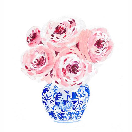 Pink Peonies in Blue Vase, floral art print, chinoiserie art print