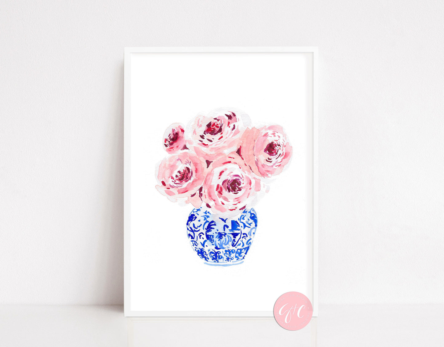 Pink Peonies in Blue Vase, floral art print, chinoiserie art print