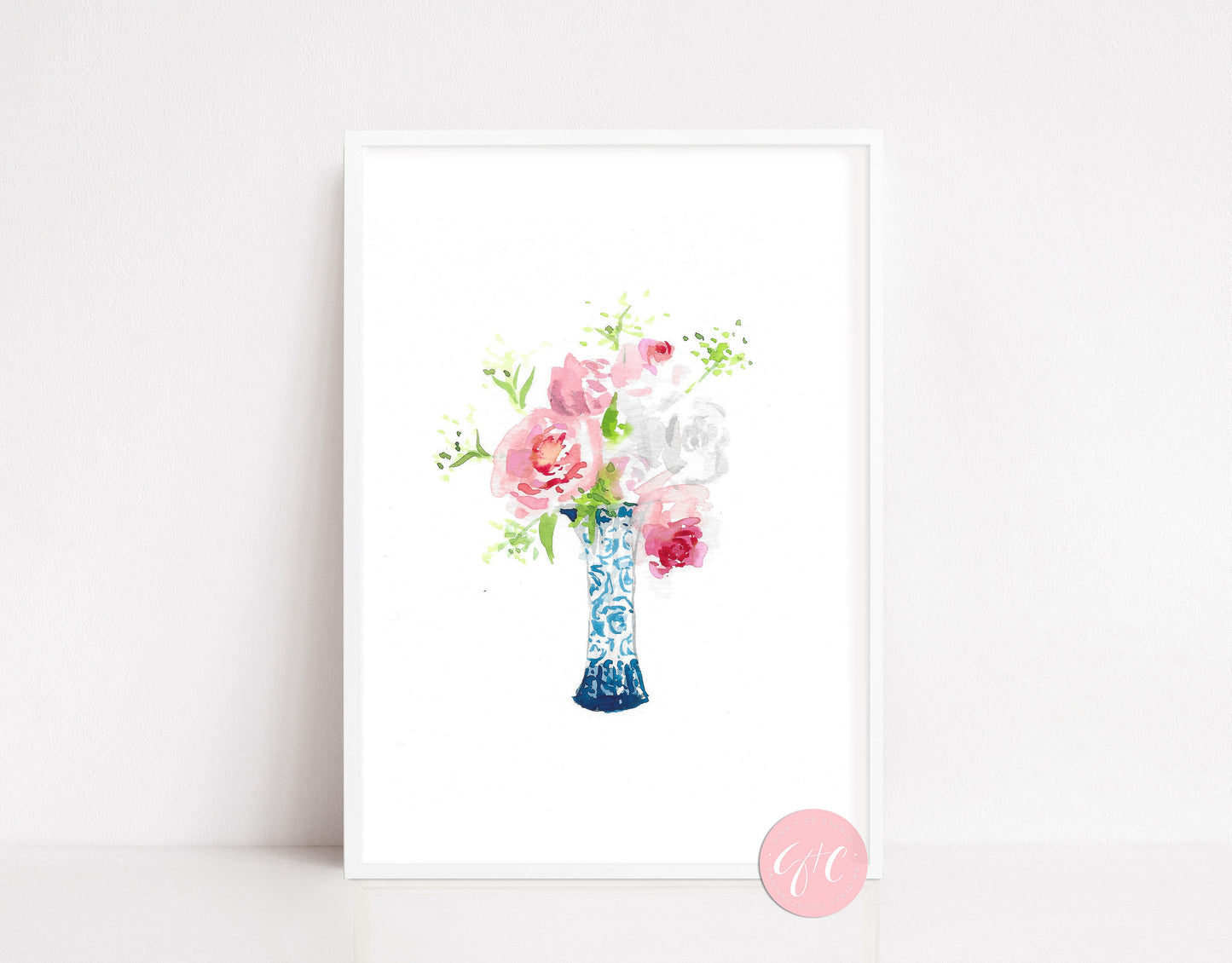 Simple Pink Peonies in Blue Vase, floral art print, chinoiserie art print