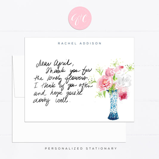 Personalized stationery, rose, pink, girly, watercolor, printed art, gift for, feminine, illustration, tropical, flat card, blue vase