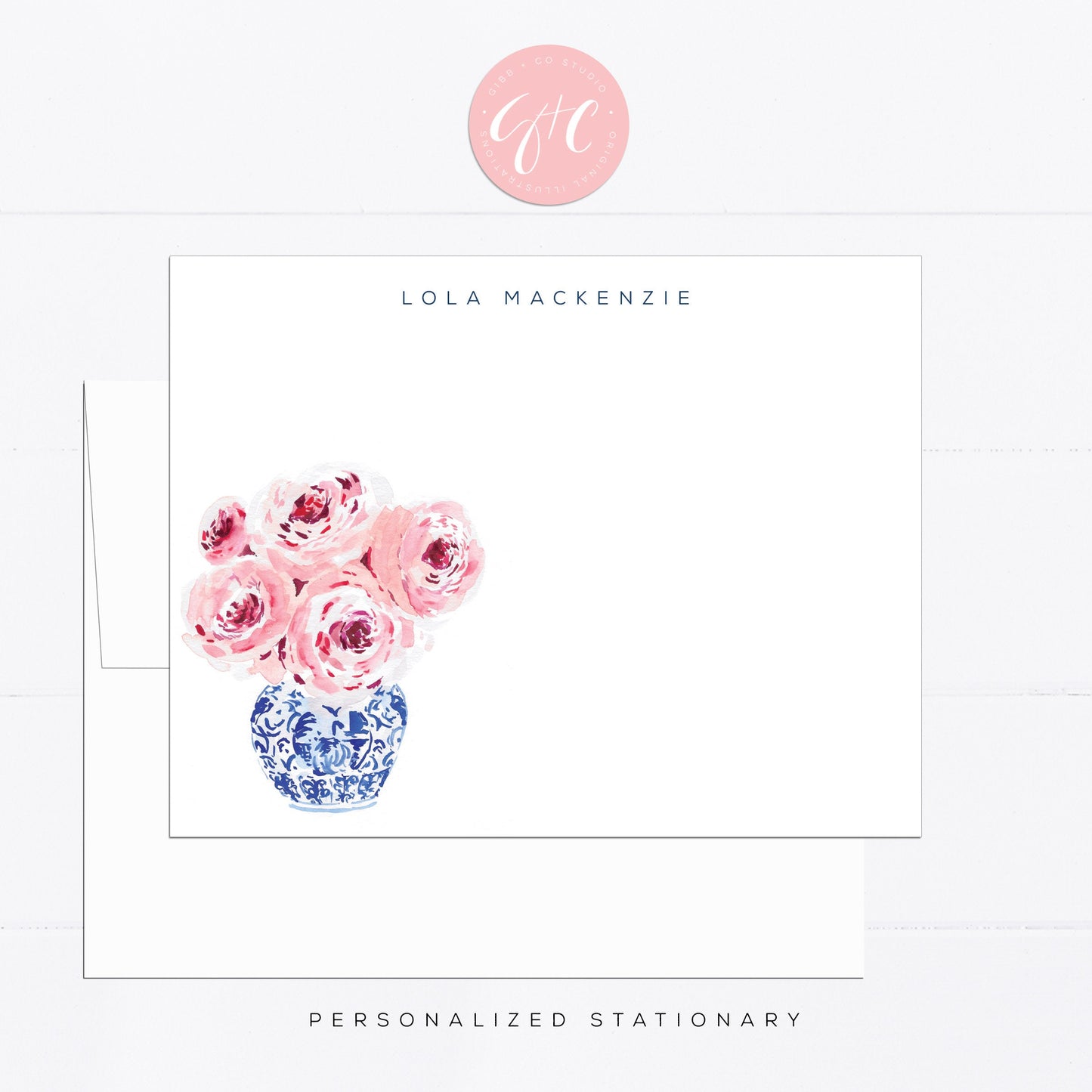 Personalized stationery, peonies, peony, pink, girly, watercolor, printed art, gift for, feminine, illustration, tropical, flat card, blue