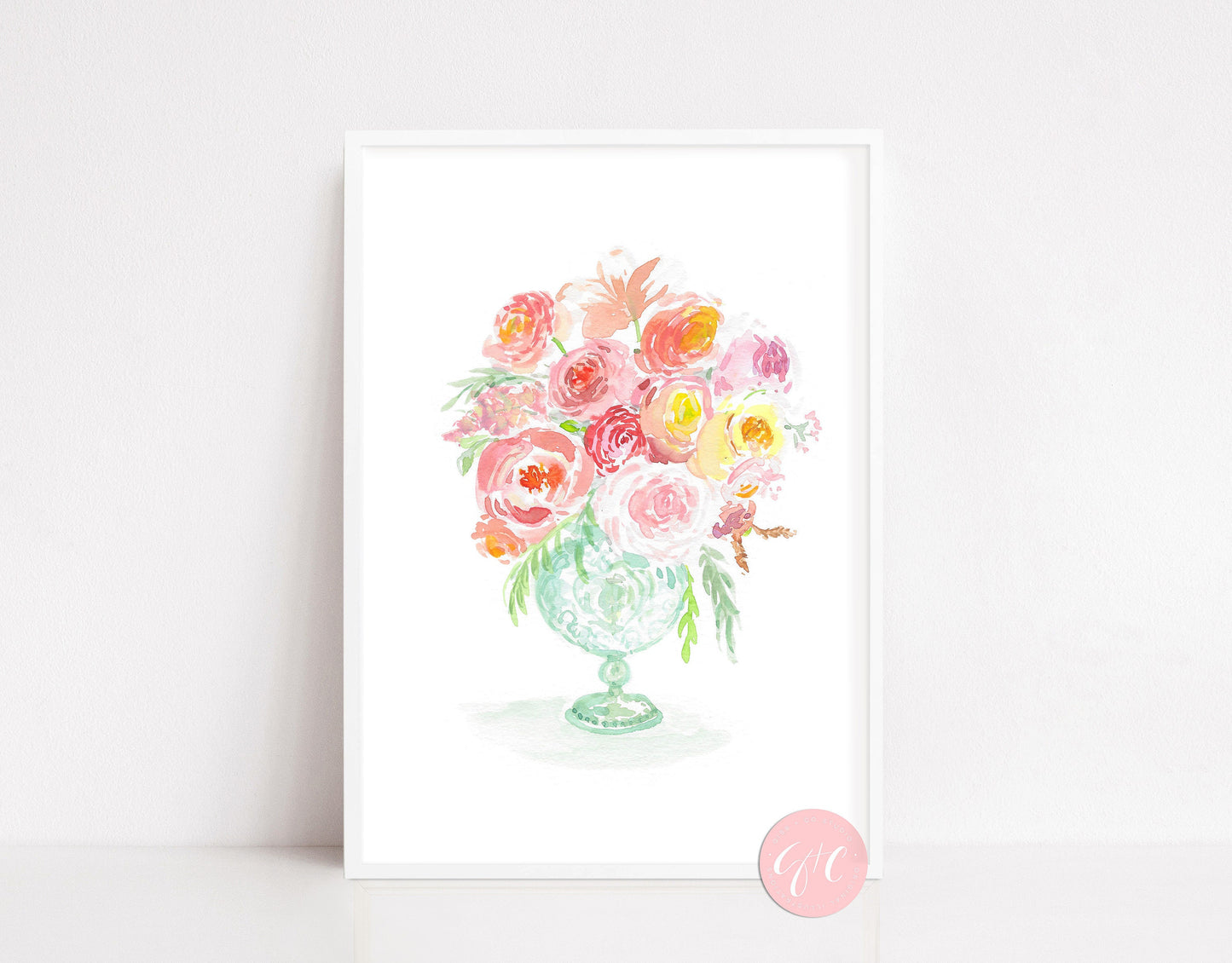 Bright Florals in Mint Vase, bouquet, floral art print