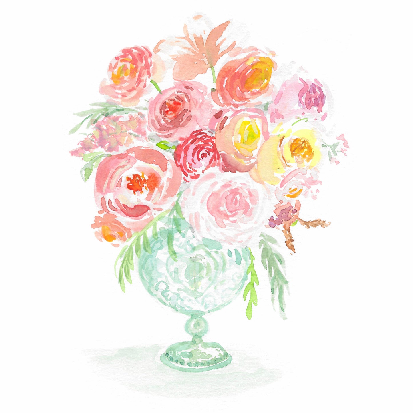 Bright Florals in Mint Vase, bouquet, floral art print