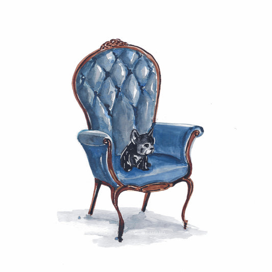 French Bulldog on Navy chair, Frenchie dog art print, nursery art print