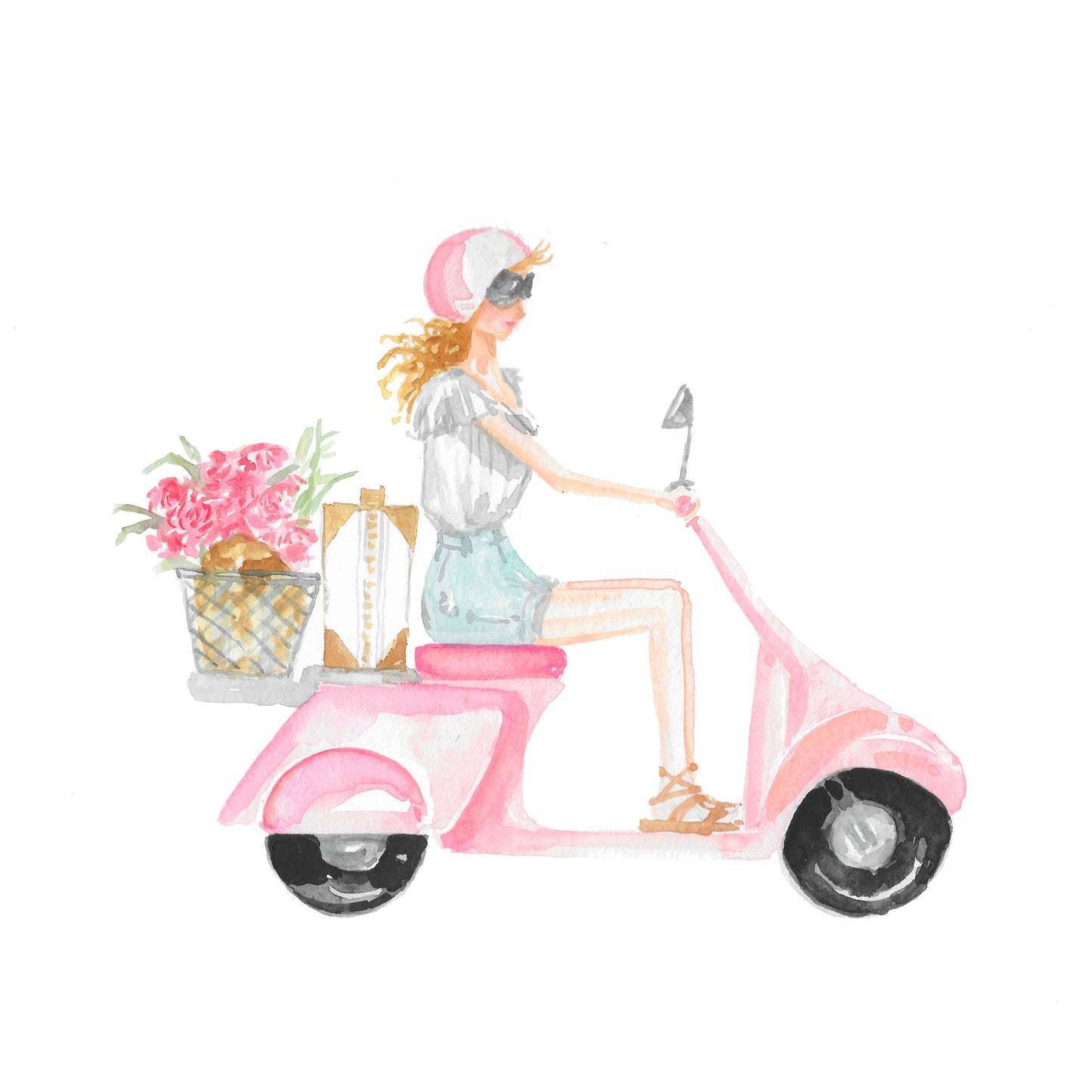 Girl on Pink Scooter, art print, travel art print, fashion art print