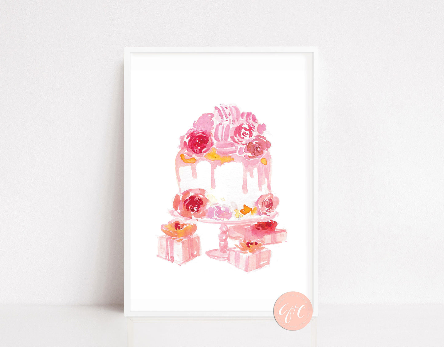 Pink Macarons Birthday Cake, floral art print, food art print