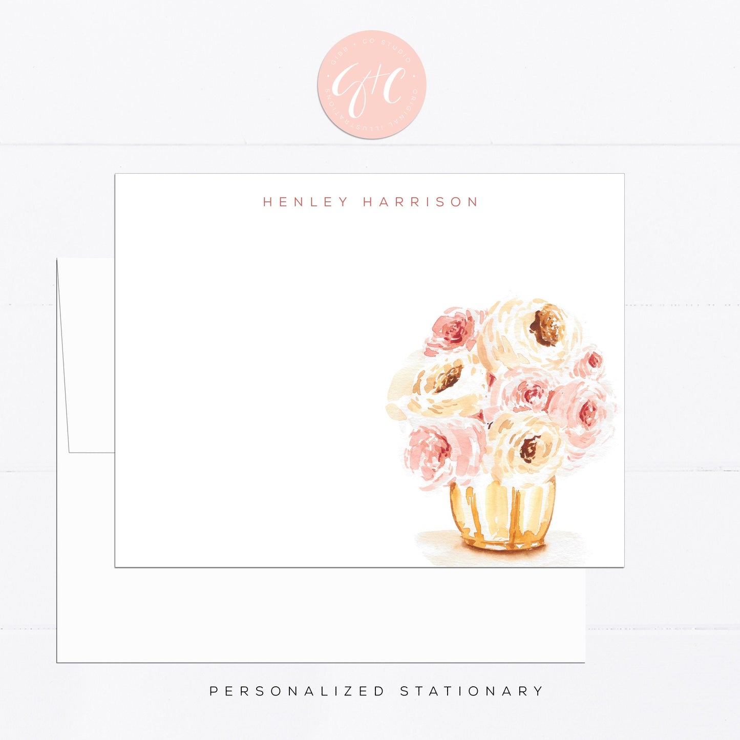 Personalized stationery, peonies, peony, pink, girly, watercolor, printed art, gift for, feminine, illustration, minimal, flat card, gold