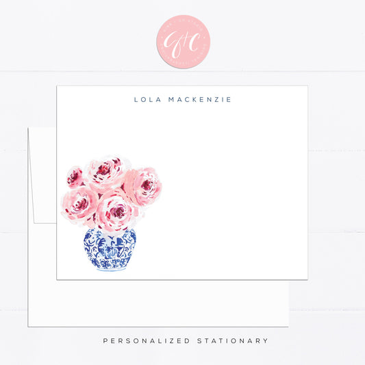 Personalized stationery, peonies, peony, pink, girly, watercolor, printed art, gift for, feminine, illustration, tropical, flat card, blue