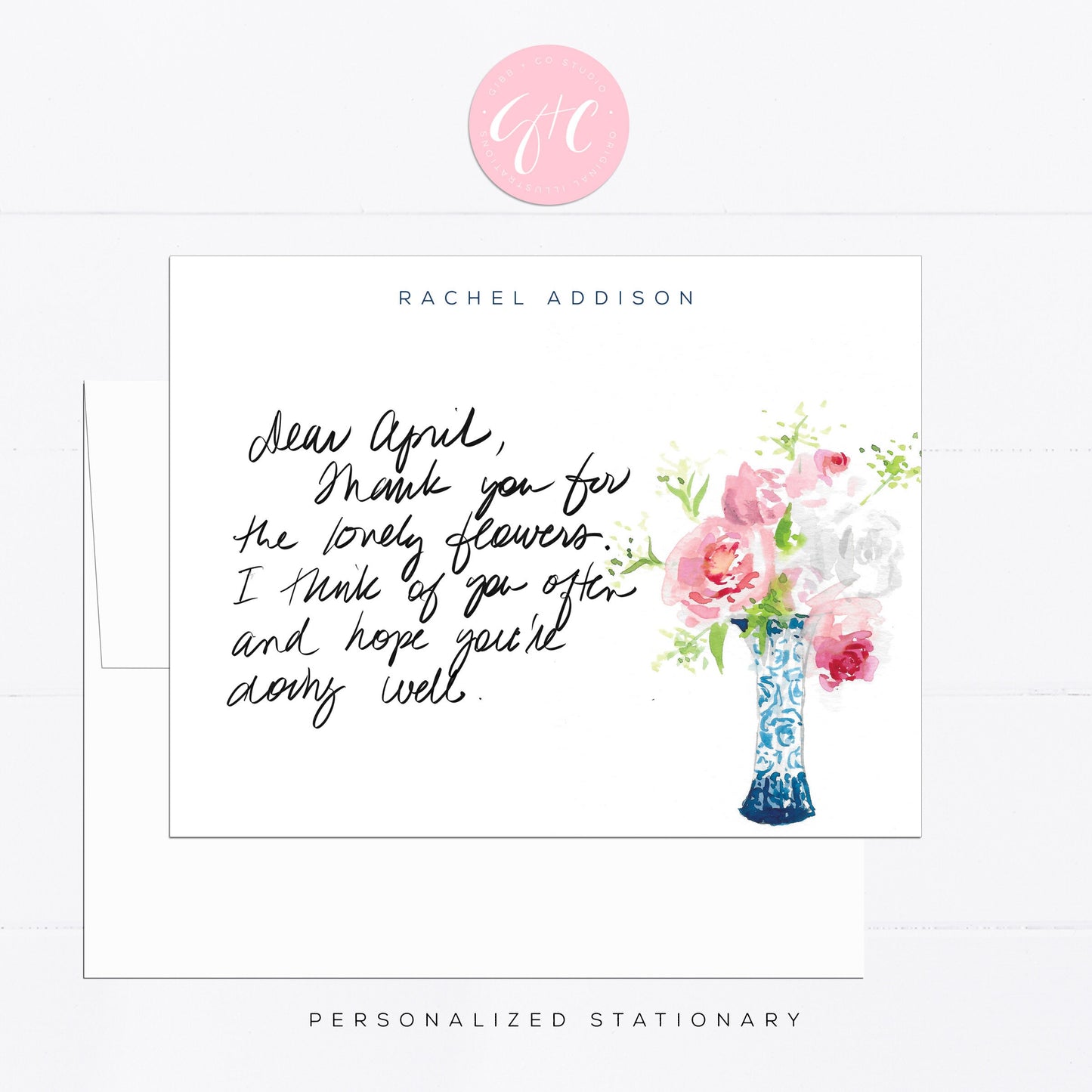 Personalized stationery, rose, pink, girly, watercolor, printed art, gift for, feminine, illustration, tropical, flat card, blue vase