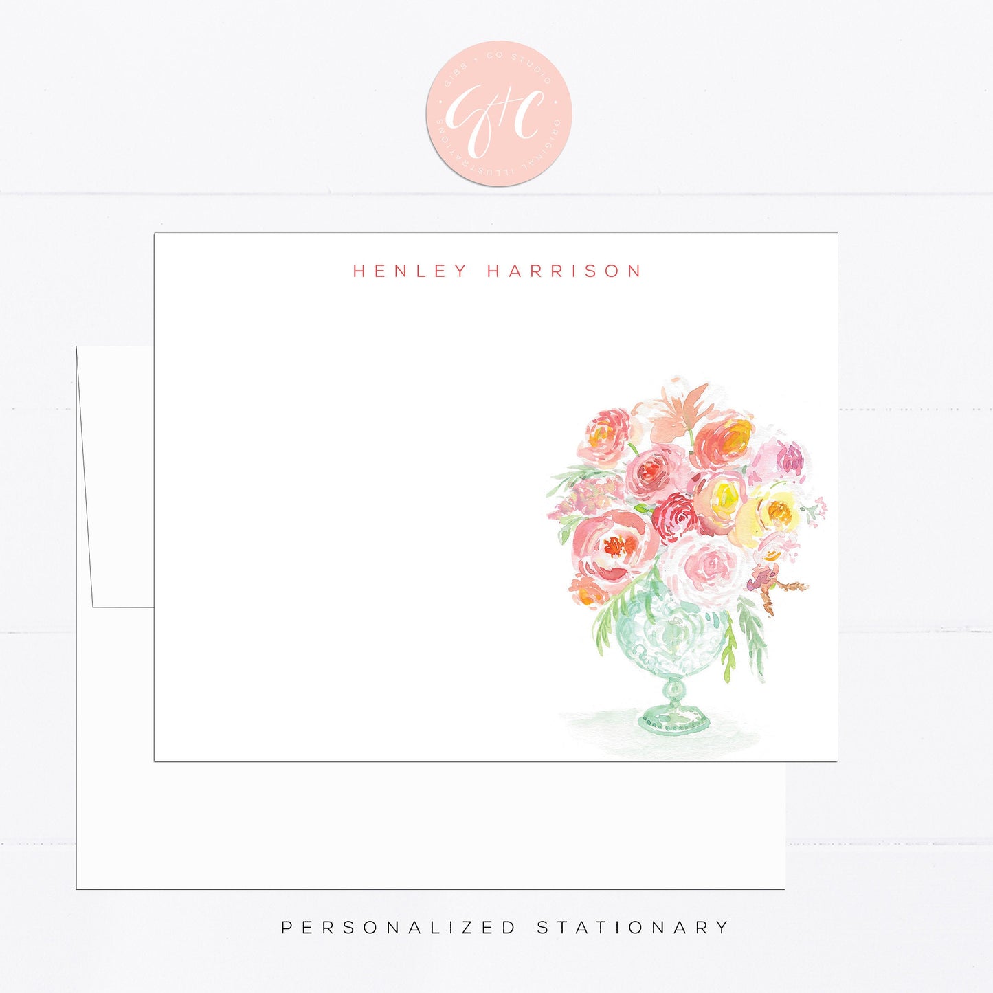 Personalized stationery, peonies, peony, pink, girly, watercolor, printed art, gift for, feminine, illustration, minimal, flat card, mint