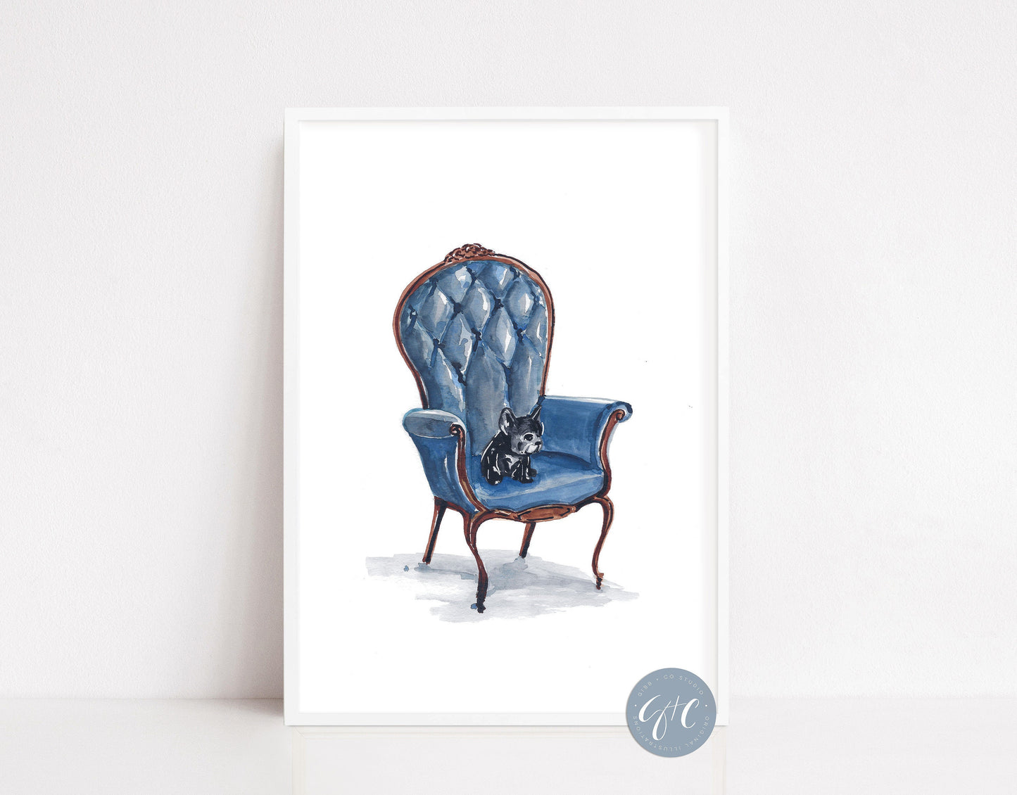 French Bulldog on Navy chair, Frenchie dog art print, nursery art print