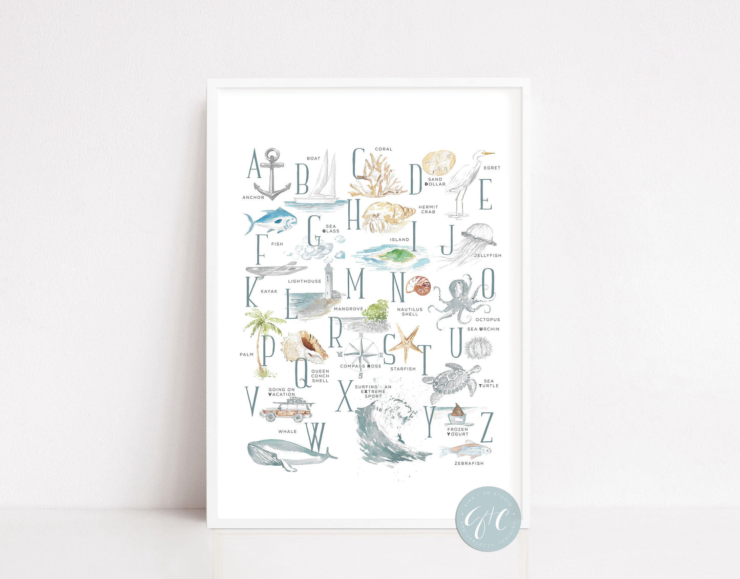 Coastal Alphabet, nursery art print, coastal art print