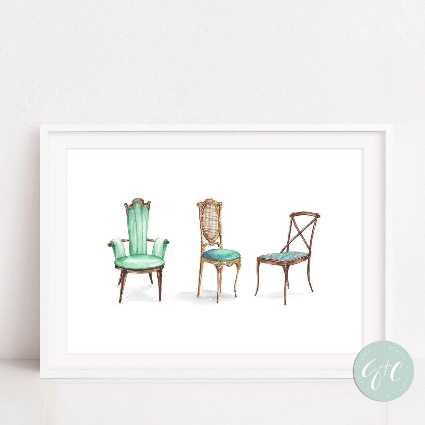 Antique chairs, art print, watercolor, art, printed art, modern, art nouveau, design art print