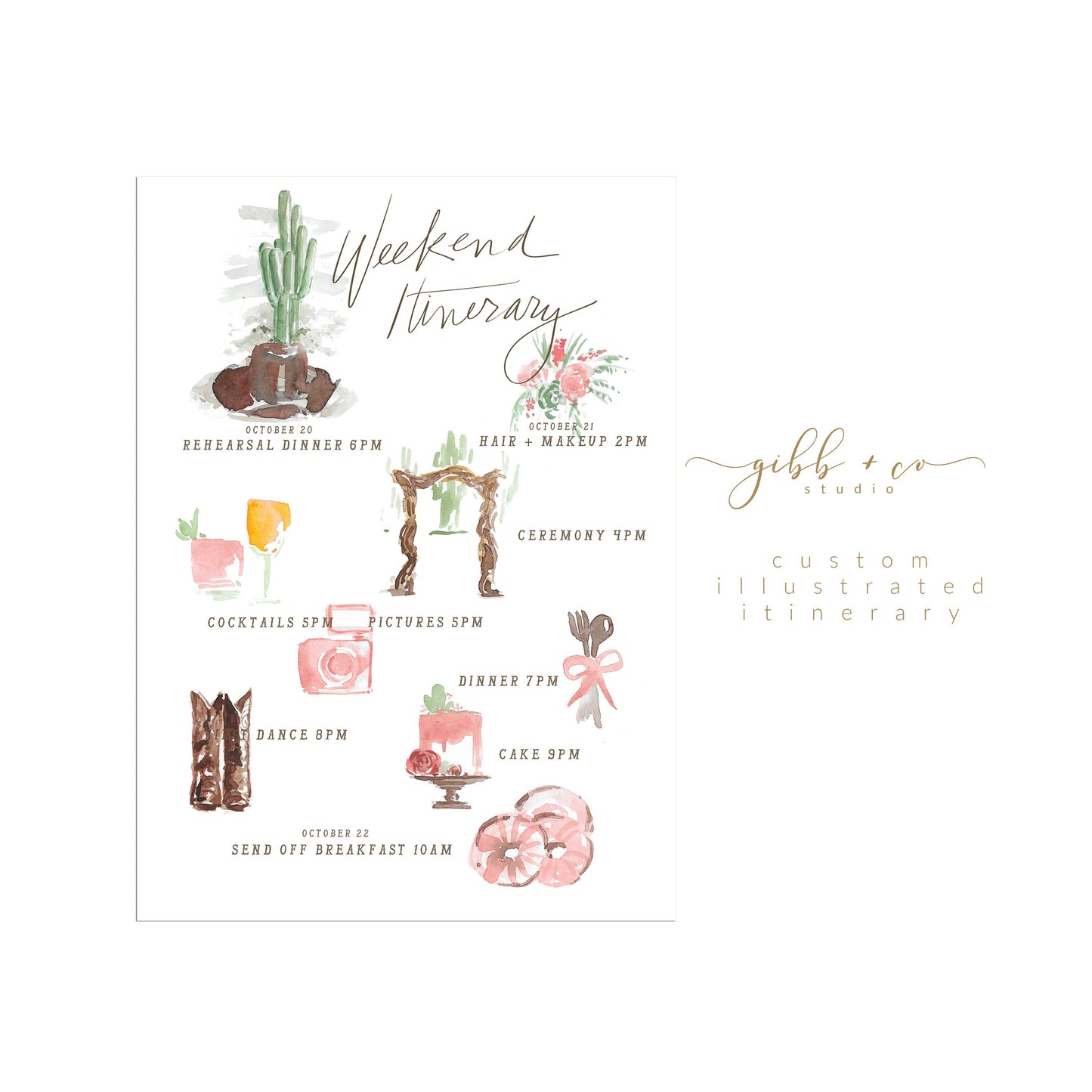 Custom watercolor illustrated wedding set, custom destination wedding set